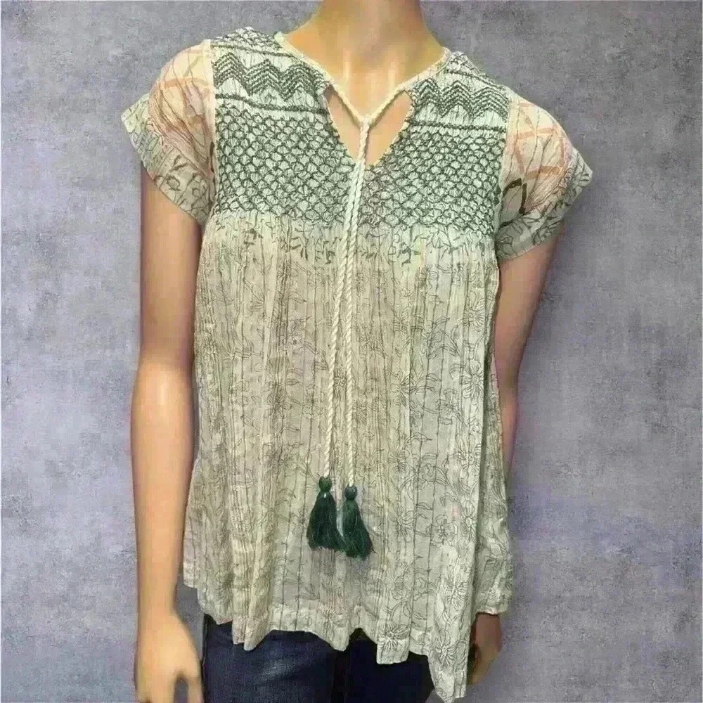 Rachel Roy women’s Boho Peasant Top with Tassel Tie Printed Cap Sleeve Blouse XS